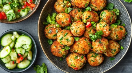 Top view of a dish of Thai fish cakes with a side of cucumber relish.