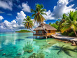 © Adisorn - A tranquil beach scene with a luxurious overwater bungalow, palm trees, and crystal-clear turquoise water lapping at the shore.