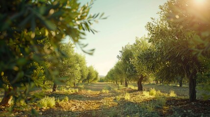 Sticker - A serene olive grove with ripe olives and a clear sky.