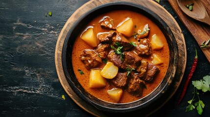 Wall Mural - Top view of a serving of Massaman curry with tender beef and potatoes. -