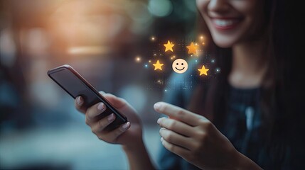 Woman hand pressing on smart phone with smiley face, like, love and star emoticon on virtual touch screen. Customer service evaluation concept.