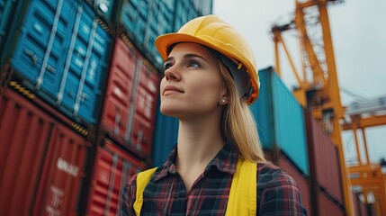 Poster - Young confident Caucasian woman engineer wearing yellow safety helmet and check for control loading containers box from Cargo freight ship for import and export