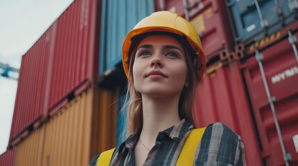 Poster - Young confident Caucasian woman engineer wearing yellow safety helmet and check for control loading containers box from Cargo freight ship for import and export