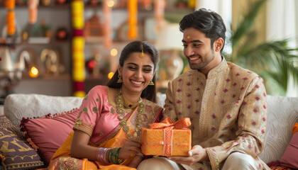 Poster - young Indian brother and sister exchanging gift box on raksha bandhan festival