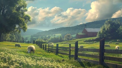 Wall Mural - A serene sheep farm with grazing sheep and a picturesque countryside.