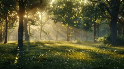 Canvas Print - A serene sunrise over a tranquil forest, with the sun filtering through the trees, casting dappled shadows on the forest floor