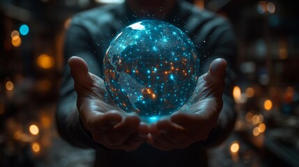 Wall Mural - Hands holding a glowing digital globe - generative ai