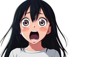 Wall Mural - Adorable anime character showing surprise with wide eyes and a gasping mouth, isolated on a clean white background