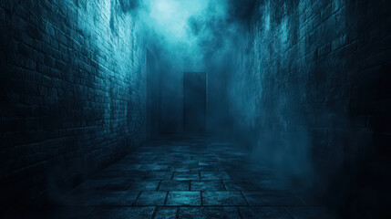 Wall Mural - A dark, narrow hallway with a door in the middle