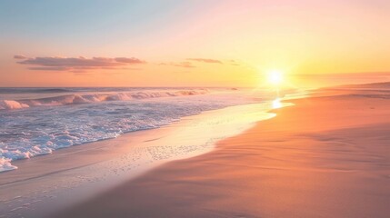 Sticker - A serene sunrise over a tranquil beach, with the sun rising over the horizon, casting a warm glow over the sand and the gentle waves