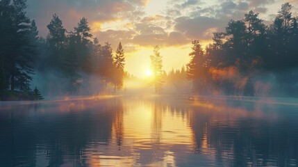 Sticker - A serene sunrise over a tranquil lake surrounded by dense forest.