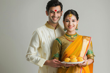 Canvas Print - young indian couple holding a plate with laddu