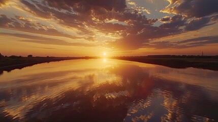 Canvas Print - A serene sunset over a calm river with the sky reflecting in the still water.