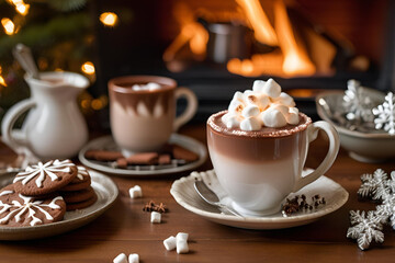 hot chocolate with marshmallow, a mug of hot chocolate for Christmas beside a fireplace