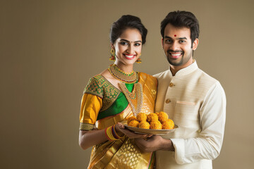 Canvas Print - young indian couple holding a plate with laddu