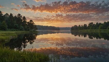 Wall Mural - sunset view photo of lake with forest background made by AI generative