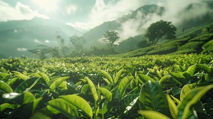 Canvas Print - A serene tea field with workers plucking tea leaves.