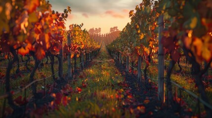 Sticker - A serene vineyard during the autumn harvest with vibrant foliage.