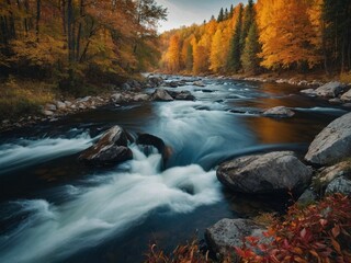 Wall Mural - A scenic view of a river surrounded by autumn forest wood covered in vibrant red, yellow, orange and green leaves. Fall season nature landscape photo illustration wallpaper.