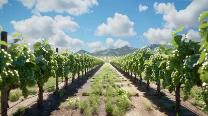 Wall Mural - A serene vineyard with rows of grapevines and clear blue skies.