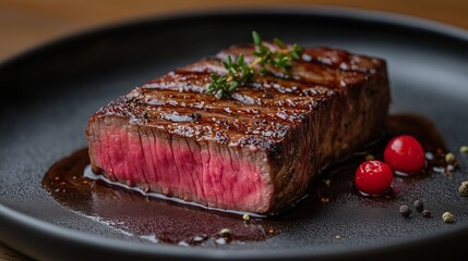 Juicy grilled steak with pink center, garnished with thyme and red berries