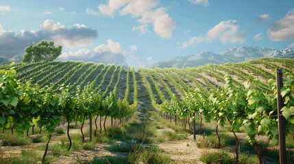 Wall Mural - A serene vineyard with rows of grapevines and clear blue skies.