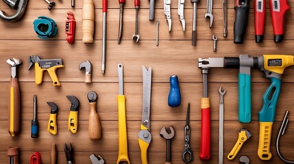 a variety of tools laid out on a wooden surface, including wrenches, screwdrivers, pliers, and a ruler.