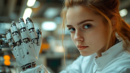 Poster - A woman is holding a robotic hand