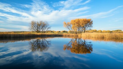 a calm lake with two trees on the far shore, their reflections mirrored in the water.