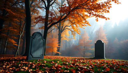 Mysterious but beautiful autumn forest with two tombstones, halloween concept isolated with white highlights, png