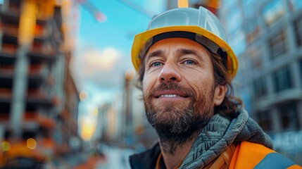 Smiling construction worker at building site - generative ai