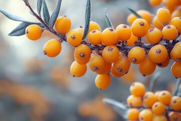 Wall Mural - A branch adorned with ripe sea buckthorn berries, showcasing their bright orange color and clustered arrangement. The vibrant fruit stands out against the green foliage, highlighting the natural beaut