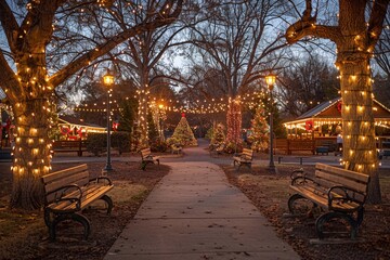 Festive Christmas holiday events unfolding in the park, filled with twinkling lights, joyful gatherings, and seasonal cheer, creating a magical winter wonderland.