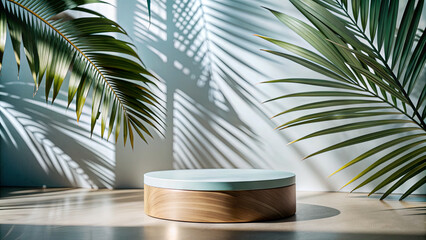 Poster - A circular platform sits on a sunlit floor, surrounded by vibrant green leaves casting intricate shadows on the wall