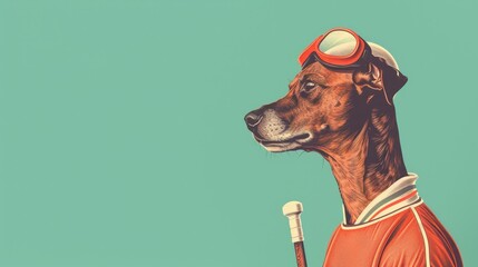 A stylish dog wearing goggles and a sports outfit, perfect for fun and playful themes in design and marketing.