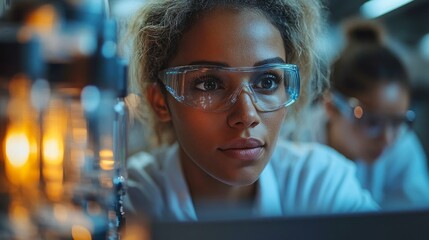 Poster - a woman wearing safety goggles is looking at a computer screen