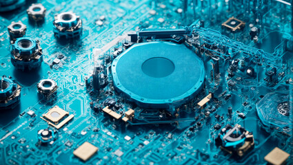 Poster - Circuitry Close-Up: A striking macro photograph of a blue circuit board, highlighting the intricate details of modern technology.