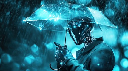 Poster - Advanced Android Holds a Digital Umbrella Amidst Virtual Rain in a Futuristic Cityscape