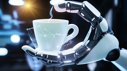 Poster - Advanced Android Holding a Digital Coffee Cup in a Futuristic Workspace Setting