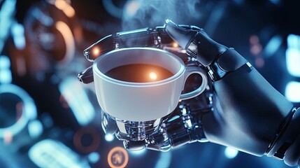 Poster - Futuristic Android With Digital Coffee Cup in a High-Tech Environment
