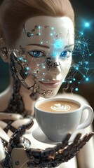 Poster - Advanced Android Enjoying a Virtual Cup of Digital Coffee in a Futuristic Workspace Setting
