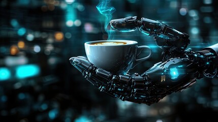 Poster - Advanced Android Holding a Virtual Cup of Coffee in a Futuristic Cityscape
