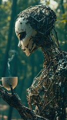 Poster - Advanced Android Enjoying a Virtual Cup of Coffee in a Futuristic Forest Setting