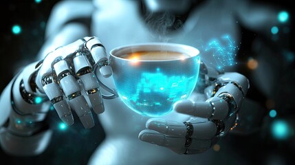Poster - Android Enjoying a Virtual Cup of Coffee in a Futuristic Setting With Advanced Technology