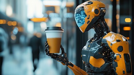 Poster - Advanced Android Enjoys a Virtual Coffee in a Futuristic, Bustling Environment During the Morning Hours