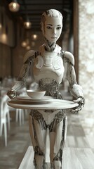 Poster - Advanced Android Waiter Serving Customers in a Futuristic Restaurant During the Evening Hours