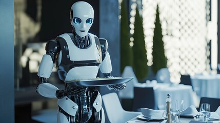 Poster - Advanced Android Waiter Serving a Meal in a Modern Restaurant During Evening Hours