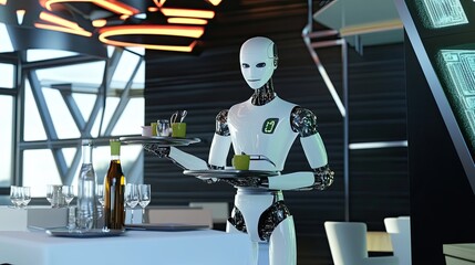 Aufkleber - Advanced Android Waiter Serving Drinks in a Futuristic Restaurant Setting
