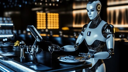 Poster - Advanced Android Waiter Serving Guests in a Futuristic Restaurant During a Vibrant Evening Atmosphere