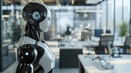 Poster - Advanced Android in a Modern Office Showcasing Innovative Technology and Productivity
